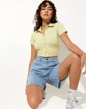 Wuma Cropped Shirt in Green Geo Retro